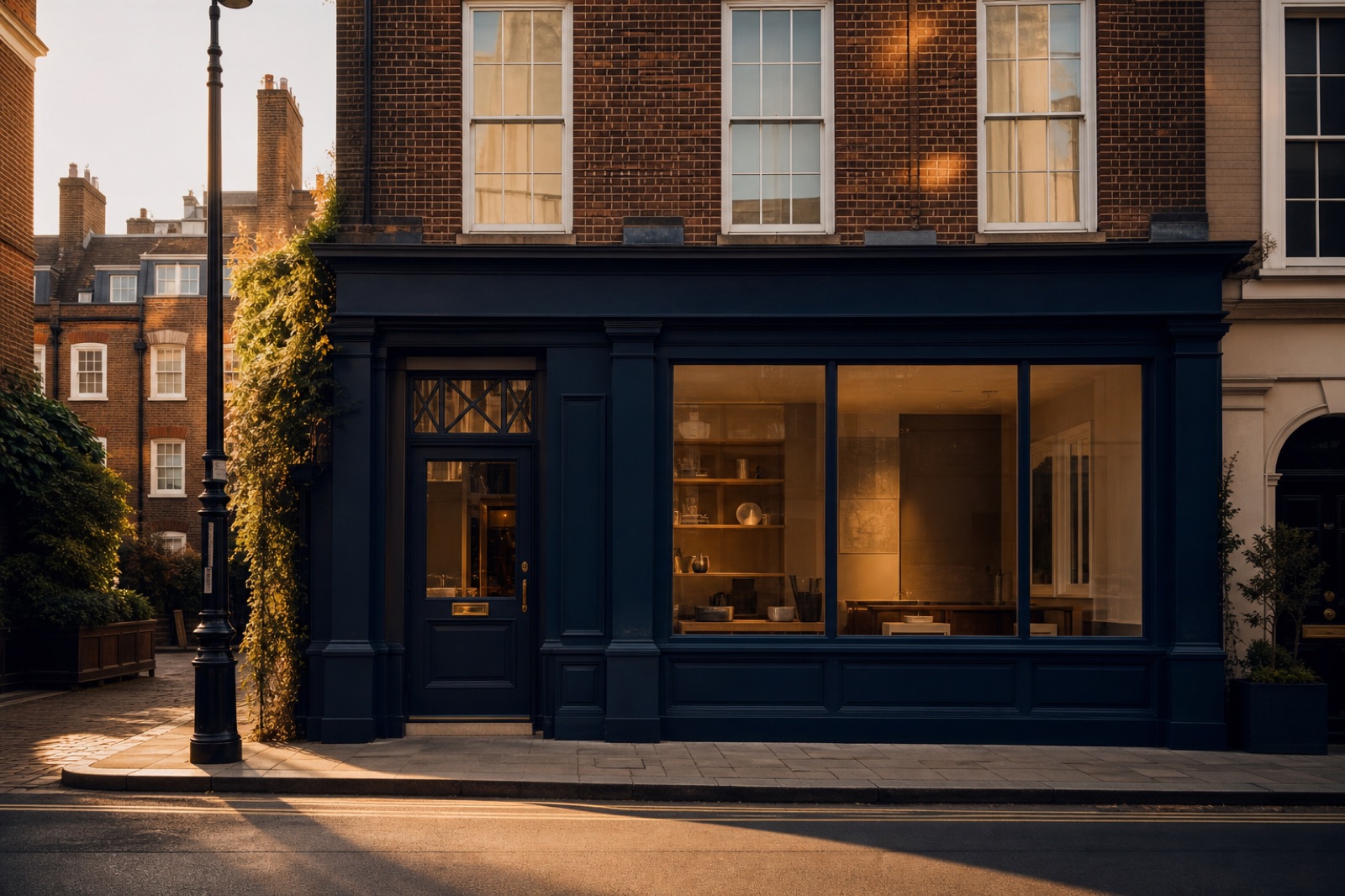 A high street shopfront in a brick terrace
